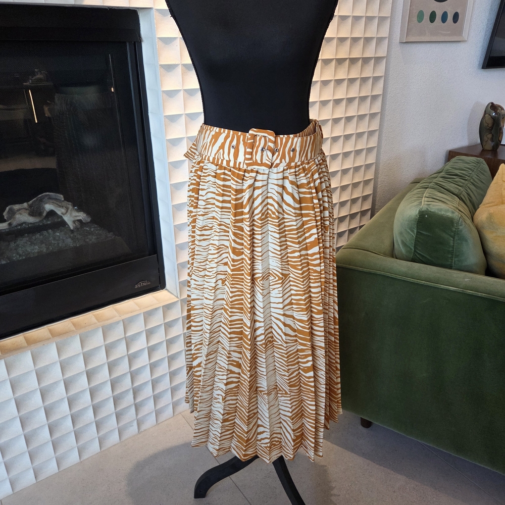 Topshop Zebra Print Pleated Midi Skirt Detachable Belt Orange & Cream Size 8